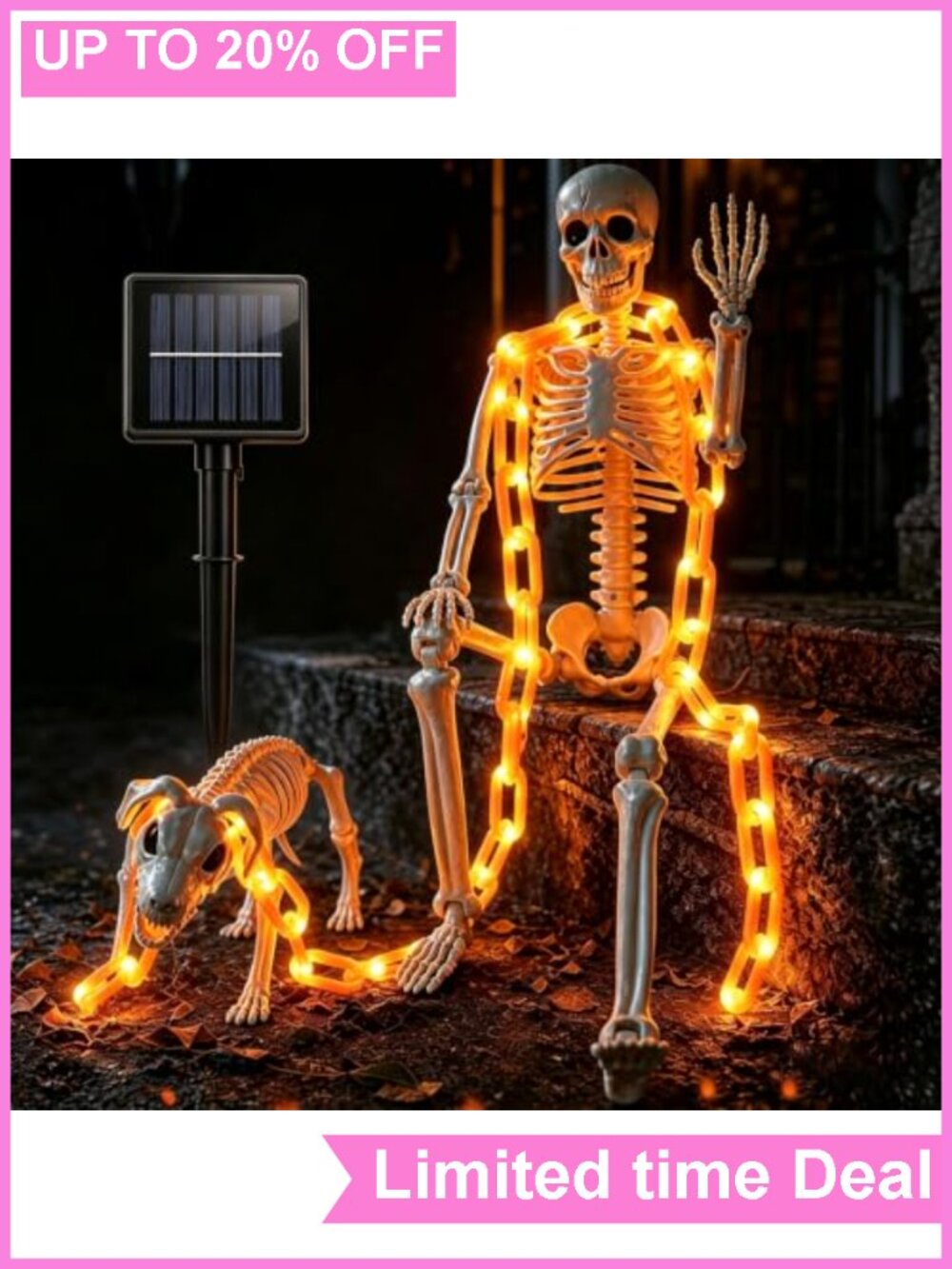 3Ft Posable Skeleton Dog & Solar Light Chain Outdoor Halloween Decor